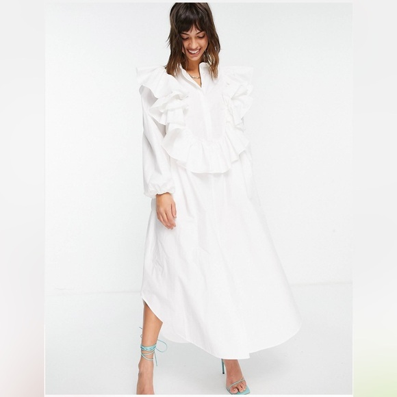 ASOS Edition Oversized Shirt Dress With Ruffle Detail Size US 2 - Picture 1 of 5